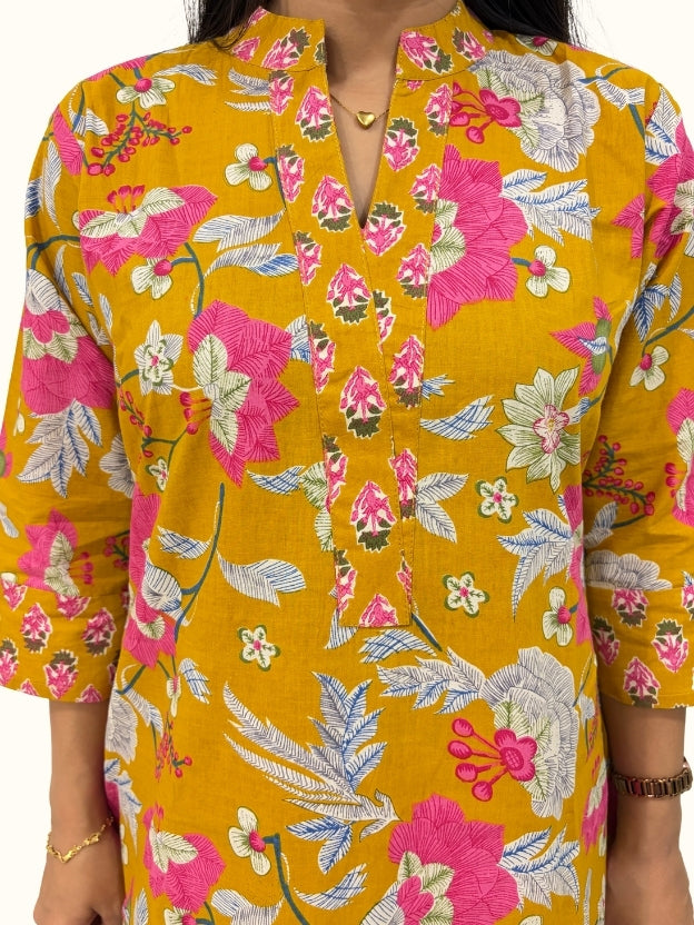 Sunlit Marigold Bloom – Premium Mustard Floral Cotton Co-Ord Set