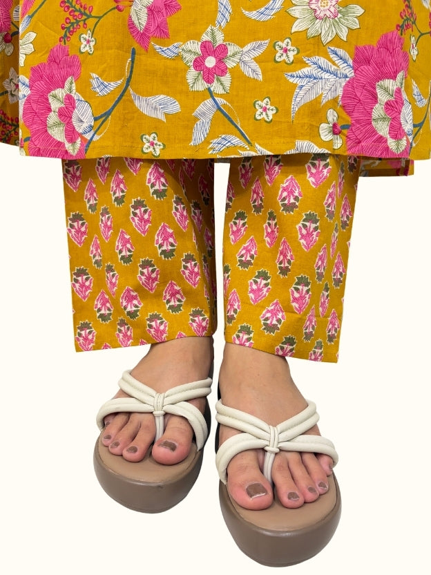 Sunlit Marigold Bloom – Premium Mustard Floral Cotton Co-Ord Set