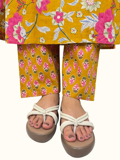 Sunlit Marigold Bloom – Premium Mustard Floral Cotton Co-Ord Set