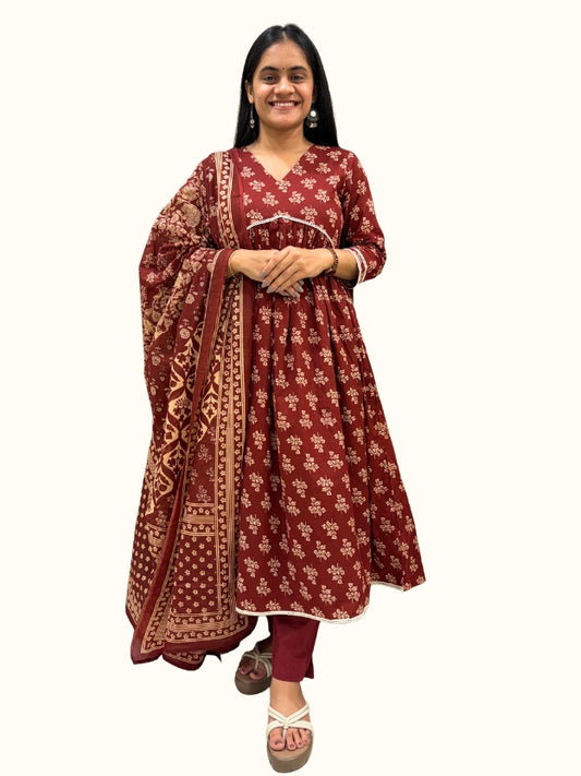 Earth Blossom Pure Cotton A-Line Floral Kurta Set with Dupatta