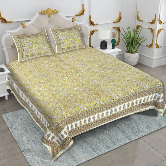 Golden Paisley Charm – Jaipuri Cotton King Size Bedsheet Set