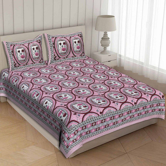 Blush Medallion Elegance – Jaipuri Cotton King Size Bedsheet Set