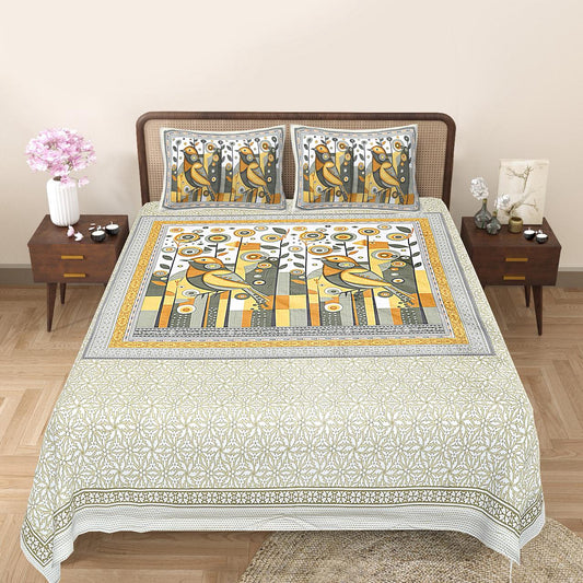 Golden Bird Harmony – Jaipuri Cotton King Size Designer Bedsheet Set