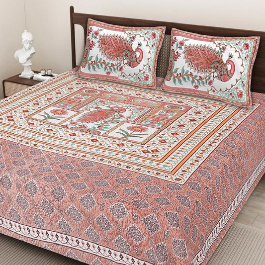 Coral Peacock Heritage – Jaipuri Cotton King Size Bedsheet Set