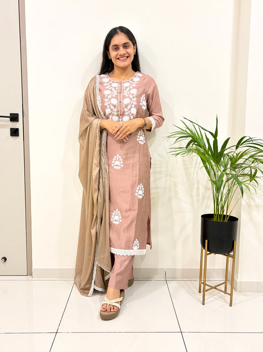 Brown Embroidered Silk Blend Straight Kurta Set with Dupatta