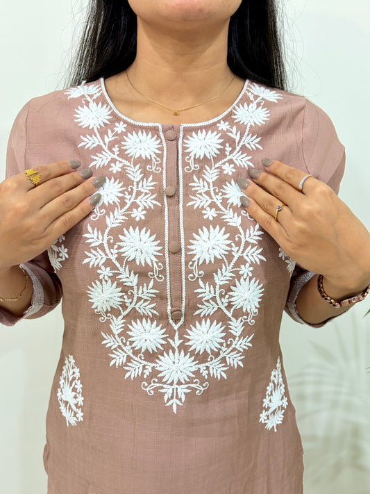 Brown Embroidered Silk Blend Straight Kurta Set with Dupatta