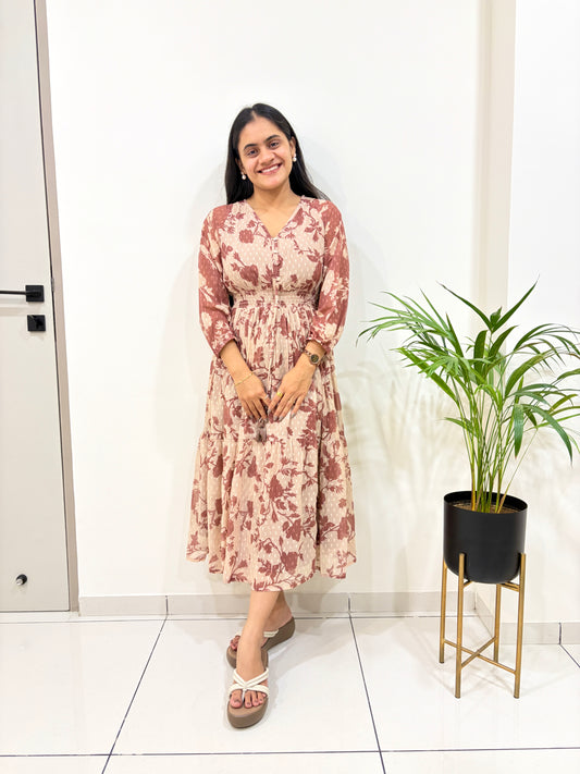Brown Floral Dobby Georgette Flared Dress with Smocked Waist
