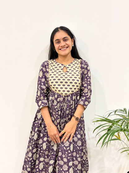 Amethyst Bloom Cotton A-Line Kurta Set