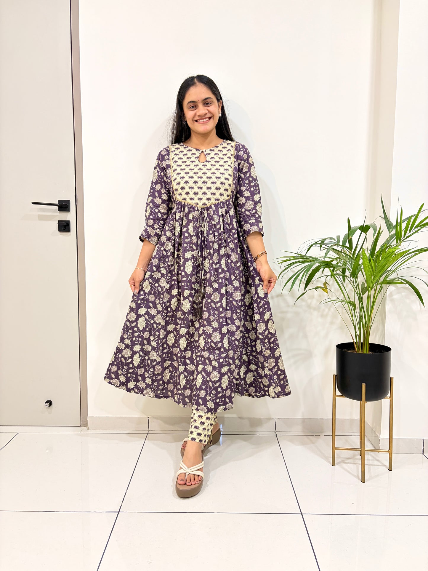 Amethyst Bloom Cotton A-Line Kurta Set