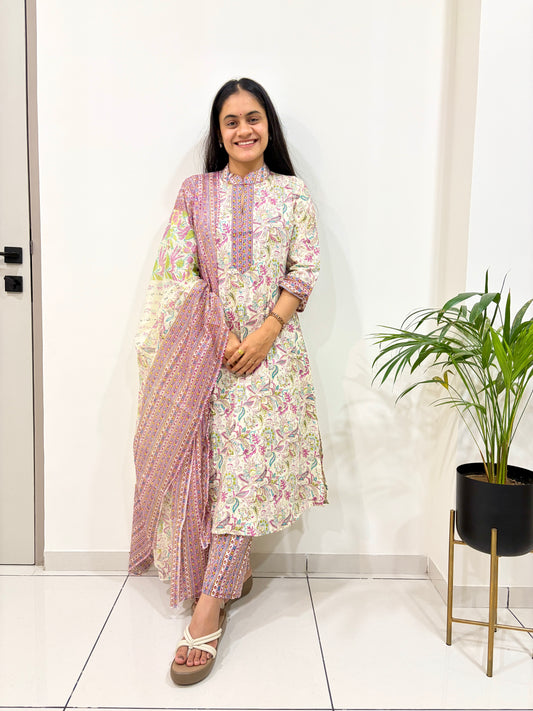 Pastel Gulmohar Jaipuri Printed Cotton Suit Set with Dupatta (3-Piece)
