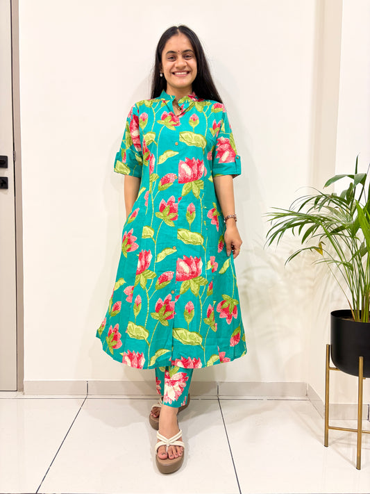 Jade Lotus – Premium Jaipuri Floral Cotton Co-Ord Set