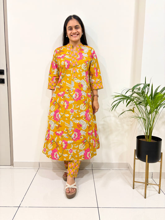 Sunlit Marigold Bloom – Premium Mustard Floral Cotton Co-Ord Set