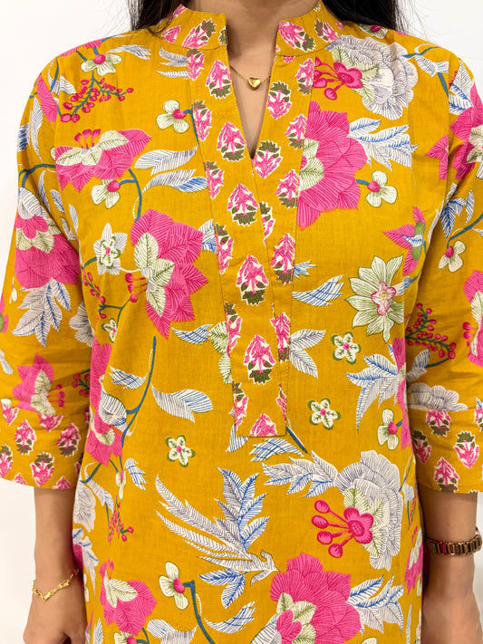 Sunlit Marigold Bloom – Premium Mustard Floral Cotton Co-Ord Set