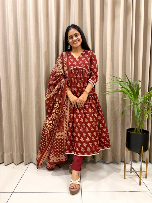 Earth Blossom Pure Cotton A-Line Floral Kurta Set with Dupatta