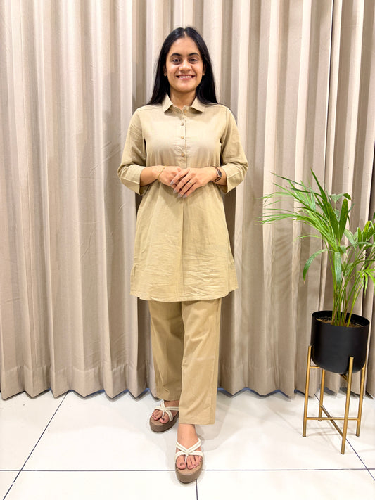 Ivory Sand Cotton Solid A-Line Co-Ord Set