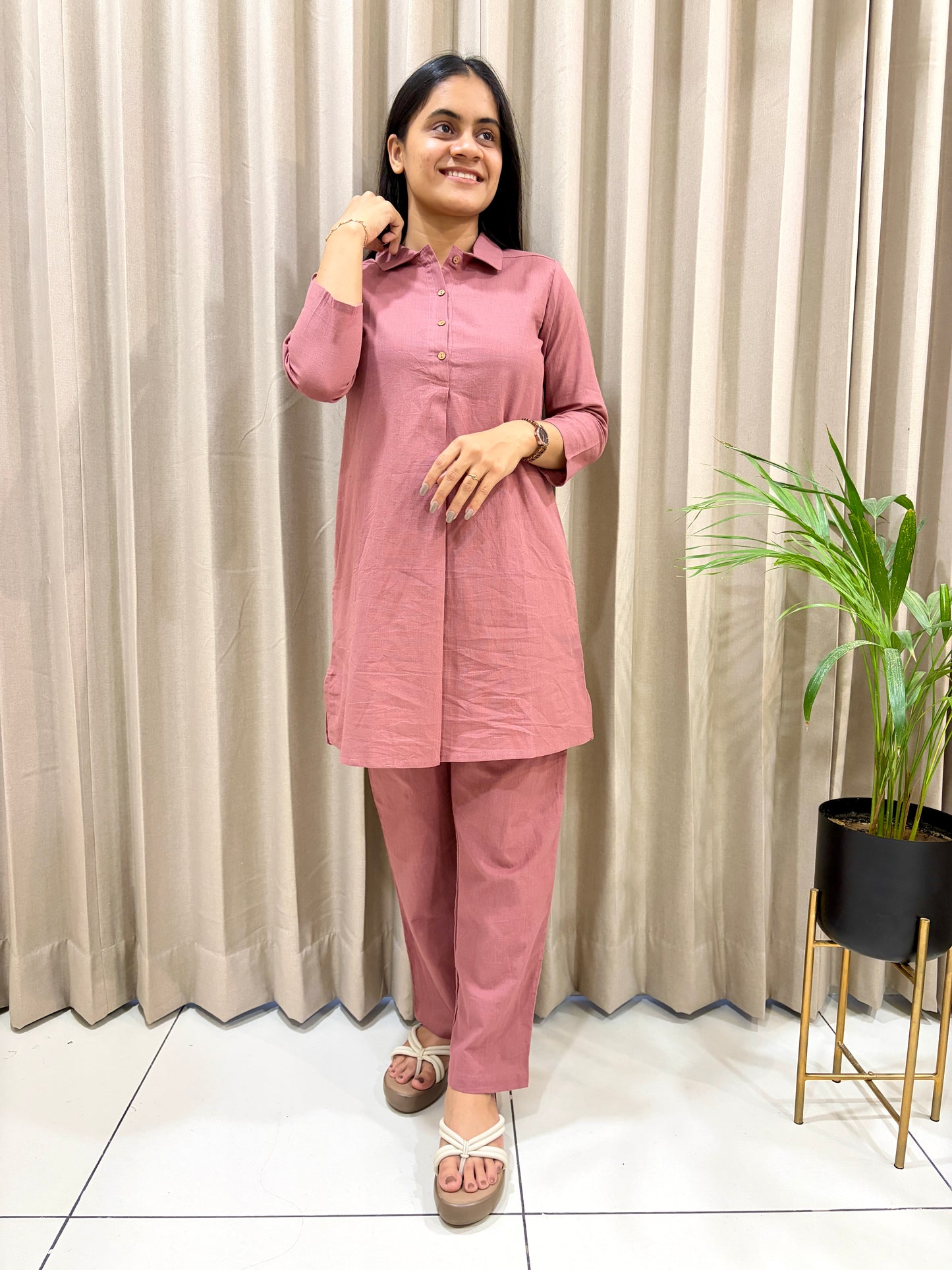 Mauve Mist Cotton Solid A-Line Co-Ord Set