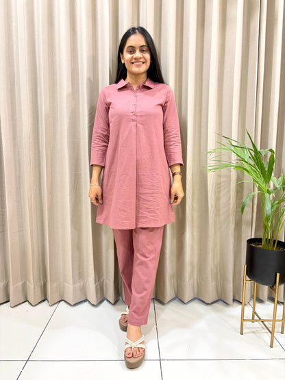 Mauve Mist Cotton Solid A-Line Co-Ord Set