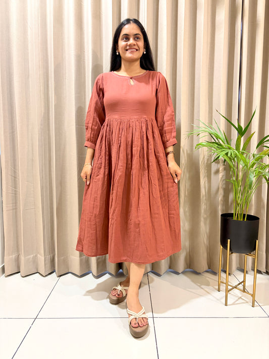 Pure Cocoa Brown Cotton Fit & Flare Midi Dress with Puff Sleeves & Side Pocket