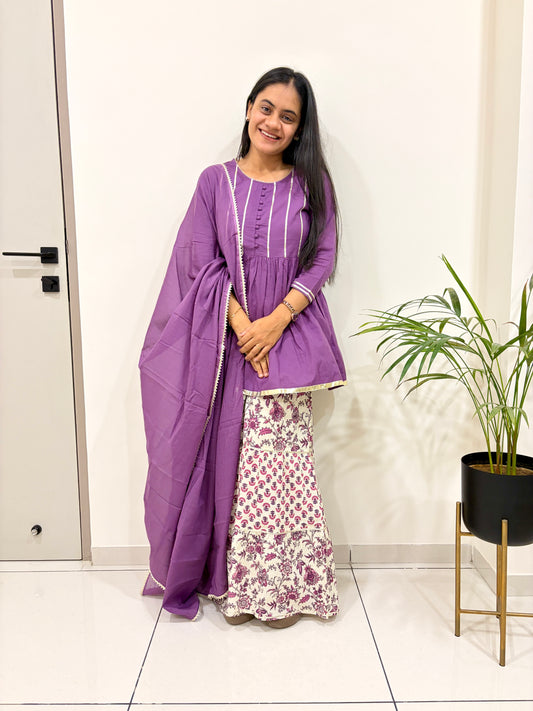 Women Striped Pleated Gotta Patti Pure Cotton Kurti With Sharara & Dupatta